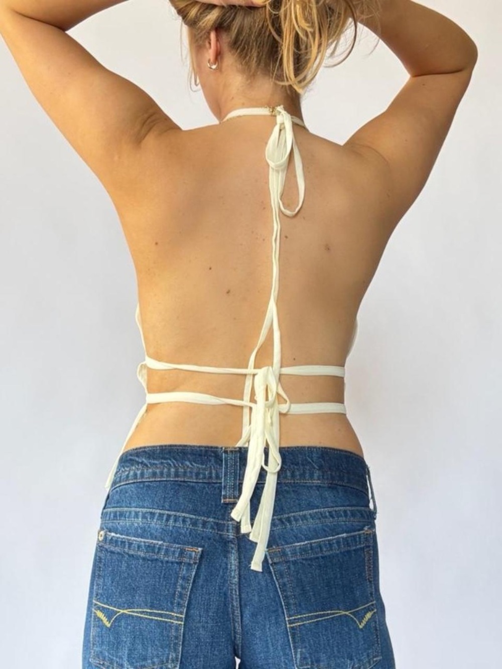 Halter Top Cream Ruched Boho Small - Picture 3 of 5
